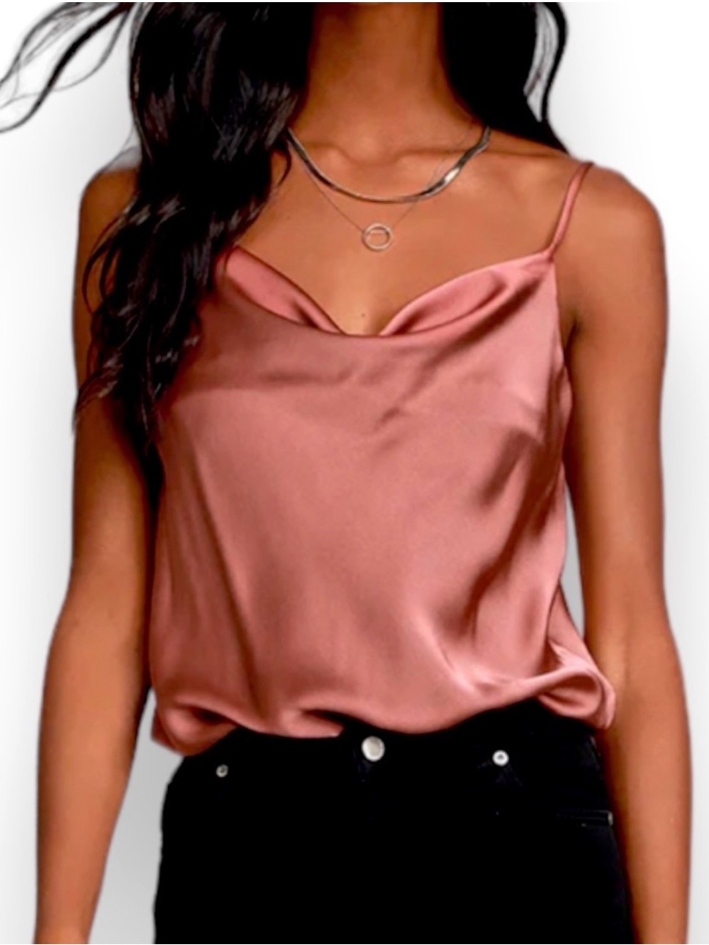 Satin Cowl Neck Camisole bodysuit Top - Rust Pink